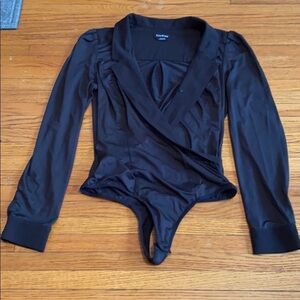 Bebe Collared Black Long Sleeve Thong Bodysuit
